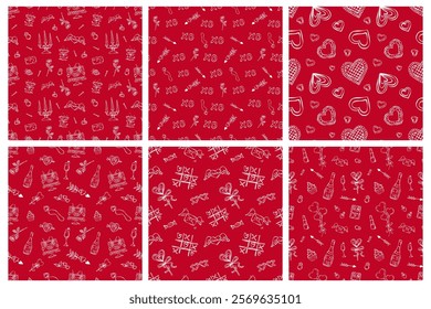 Vector set of Valentines day patterns. Doodle hand drawn love and wedding white elements on red background. Vintage drawing monochrome texture for wrapping paper, fabrics, wallpapers, postcard