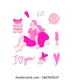 Vector set for Valentine's Day with pink color in doodle style.Clip art with people in love,flowers,lettering,rose, present, grapes, lips, hand drawn ball.Design for cards,social networks,prints.