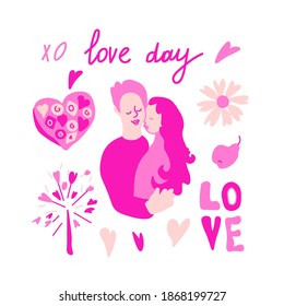 Vector set for Valentine's Day with pink color in doodle style.Clip art with people in love,flowers,lettering,rose, present, grapes, lips, hand drawn ball.Design for cards,social networks,prints.