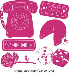 Vector set of valentine's day pink elements, love stickers in retro 2000s style, y2k aesthetic collection