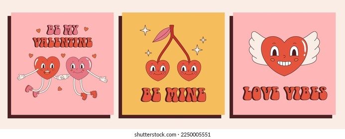 Juego de vectores de tarjetas postales de San Valentín con corazones y texto divertidos. pareja de corazones saltantes, personaje divertido en forma de corazón volador con alas y un par de cerezas en forma de corazón. Ilustraciones retro y2k.