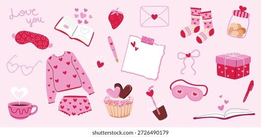 Vector set for Valentine's Day. Romantic notes, strawberries, holiday socks, pajamas with hearts, coffee, sleep mask, sweets, love letters, gifts. Pink background