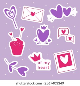 Vector set of  Valentines day stickers with hearts, crowns, flowers in heart shape, letter, lollypop, photo card, cupcake and title queen or king of my heart. Vector flat illustration