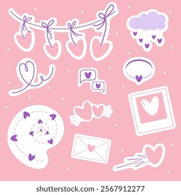 Vector set of Valentines day stickers with garland of hearts, line shapes, ring, chat bubble, cloud, asteroid, letter, photo card. Vector flat illustration
