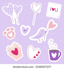 Vector set of Valentines day stickers with heart shape balloons, line shapes, bird with heart flower, cat paw, hands holding a heart, hot cup, memory paper, sparkler. Vector flat illustration
