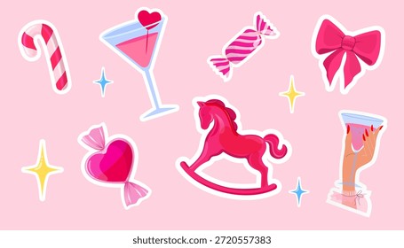Conjunto de Vector de San Valentín pegatinas . Ilustración linda del estilo de la historieta de los iconos. Colección de caramelos, arco, champán
