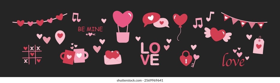 Vector set for Valentine's Day. Vector set with sweets, gift box and hearts, cute love illustration, lettering. The 14th of February.