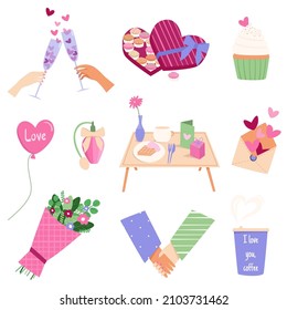 Vector set of valentine's day symbols on white background. Cute valentine's day attributes in flat style. Symbols of love: heart, gift, flowers, love letter, glasses, cake, couple, breakfast in bed