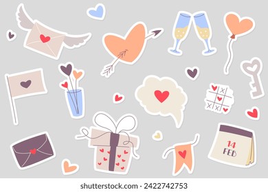 Vector Set of Valentine's day symbols Stickers. Design for cards, posters and posts. Valentine's day, wedding and love concept
