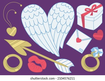 Vector set of Valentine's Day themed drawings using heart shape: wings, cupid's arrow, envelope, rings, pendant, gift box, lips. Romantic cartoon illustration for engagement, wedding.