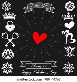 Vector set of Valentine's Day trendy vintage elements and calligraphy Happy Valentine's Day text