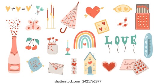 Vector set for Valentine's Day. Various romantic items. Heart, champagne, candles, umbrella, pillow, butterfly, berries, envelope. White isolated background.