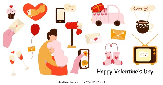Vector set for Valentine's Day. Various romantic items. Valentine's day elements in hand drawn style. A heart, a couple in love, a car with gifts, a glass, a TV, envelopes, a cup.