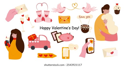 Vector set for Valentine's Day. Various romantic items. Valentine's day elements in hand drawn style. A heart, a couple in love, a car with gifts, a glass, a TV, envelopes, a cup