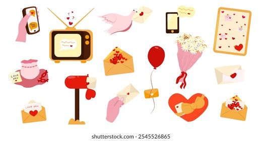 Vector set for Valentine's Day. Various romantic items. Valentine's Day elements in hand drawn style. Heart, TV,  love letters, cup, bouquet of flowers, envelopes, ball, dove with a letter