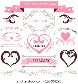 Vector set of valentine's day vintage design elements  in tatoo style isolated on white