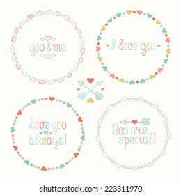 Vector set of valentine's day vintage design elements in retro colors. Hand drawn frame of pattern with hearts. Beautiful simple colorful illustration.