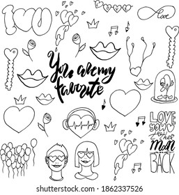 vector set for Valentine's day.isolated objects with a black line on a white background. romantic lettering. rose, lips, balloons,lovers, key, crown, heart, headphones, music.background for packaging,