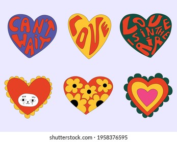 vector set of valentines in hippie style.Vintage heart shapes with flowers and lettering.Love message sticker.Vintage postcards in the style of the 60s and 70s.Retro tattoo templates. Funny hand drawn