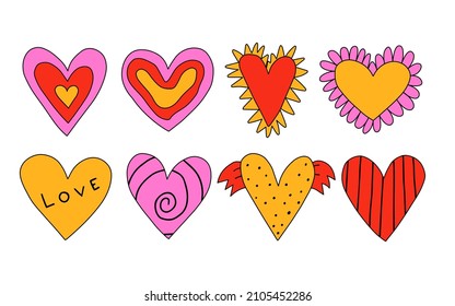 vector set of valentines in hippie style.Vintage heart shapes with flowers and lettering.Love message sticker.Vintage postcards in the style of the 60s and 70s.Retro tattoo templates.Kidcore style