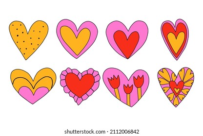 vector set of valentines in hippie style.Vintage heart shapes with flowers.Love message sticker.Vintage postcards in the style of the 60s and 70s.Retro tattoo templates.Kidcore style