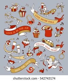 Vector set of Valentine's icons, signs and symbols. Hand-drawn cartoon romantic design elements on grey background. There are places for your text on decorative ribbons.