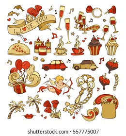 Vector set of Valentine's icons, signs and symbols. Hand-drawn red and gold love design elements isolated on white background.