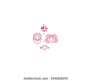 Vector set of Valentines pink head couple, isolated on a white background. Happy man and woman. Stylized Valentine icons, elements, illustration for human emotions for greetings on Valentine 's Day.