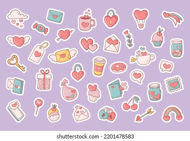 Vector Set of valentines stickers. St valentines day stickers collection on blue background. Be my valentine, love, hearts. Printable template