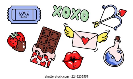 Conjunto vectorial de etiquetas de San Valentín. Colección de stickers del día de San Valentín. Labios, fresa, sobre, poción de amor, chocolate, flecha de Cupido. 
Etiquetas para portátil, teléfono, patrón imprimible.