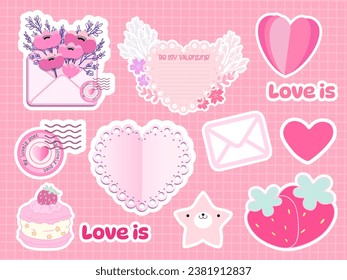Vector Set of valentines stickers. St valentines day stickers collection on blue background. Be my valentine, love, hearts. Printable template Kawaii set flat vector 