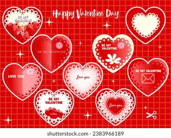 Vektorset von Valentinstickern. St valentinstag Sticker Sammlung auf rotem Hintergrund. Sei mein Valentin, Liebe, Herzen. Herzkartentarif für gedruckte Vorlagen, flach, Vektorgrafik 