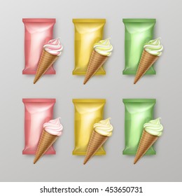 Vector Set of Vanilla Berry Pistachio Kiwi Mint Soft Serve Ice Cream Waffle Cone with Light Pink Yellow Green Plastic Foil Wrapper for Branding Package Design Close up Isolated on Background