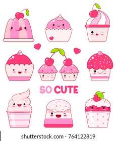 Vector set of vanilla, blueberry, currant, strawberry jelly, ice cream, marshmallows, cupcake with berry. In kawaii style with smiling faces, pink cheeks and winking eyes. For sweet design. EPS8