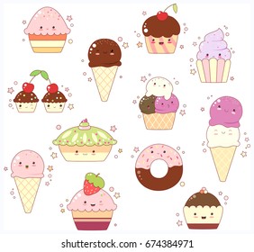 Vector set of vanilla, chocolate, strawberry ice cream in waffle cones, cupcakes with cream and berry. In kawaii style with smiling faces, pink cheeks and winking eyes. For sweet design. EPS8