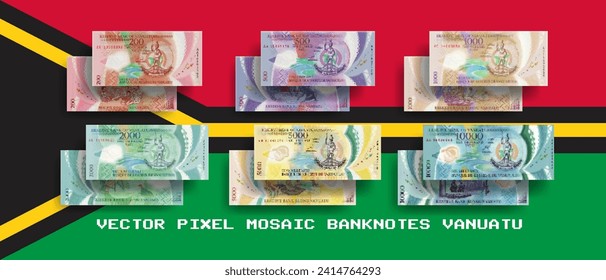 Vector set of Vanuatu pixel mosaic banknotes. Collection of notes in denominations of 200, 500, 1000, 2000, 5000 and 10000 vatu. Obverse and reverse. Play money or flyers.