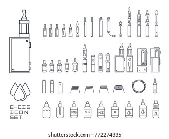 Vector set of vape related simple line Icons. RDA, Atomizer, drip tip, mod, e-liquid, coil. Different types of electronic cigarettes. Stylish minimalistic icons.