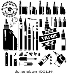 Vector set of Vape stuff, different electronic cigarette, liquid, labels etc.