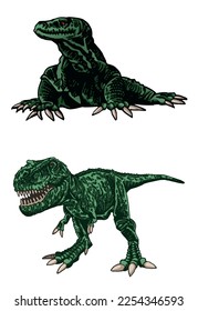 Vector set of varan and tyrannosaurus on white isolated,dinosaurs