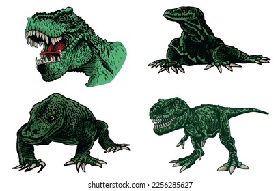 Vector set of varans and tyrannosaurus on white isolated,dinosaurs