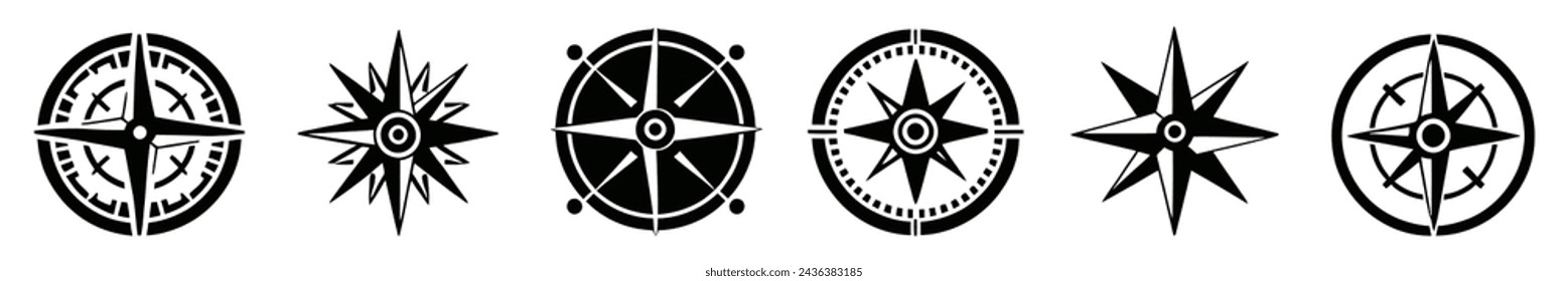 Conjunto de vectores de variaciones de la marca geográfica Wind Rose. Brújula vectorial. Rose Wind en estilo lineal. Imagen perfecta para el Día de Colón
