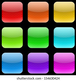 Vector set of varicolored dotted rounded square buttons isolated on gray background.