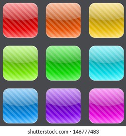 Vector set of varicolored striped rounded square buttons isolated on gray background.