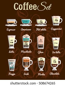 Vector Set a variety of coffee drinks, cafe menu, the composition of the coffee beverage