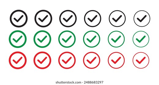 Vector set of variety of green check marks, some in boxes and circles. Positive, confirm, accept, good job.