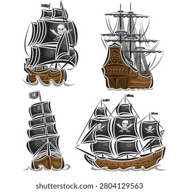 Vector set of variety Pirate Ships, collection of isolated vintage marine transports, cut out design illustration of retro sailers, lettering for word pirates, flag with jolly Roger and crossed swords