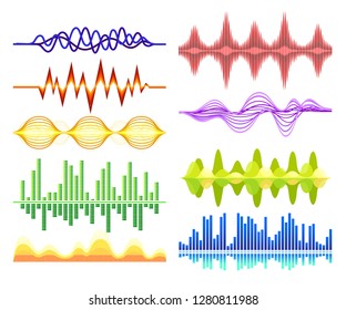 Vector set of various abstract music waves. Sound vibrations. Digital equalizer. Audio technology