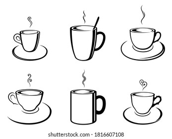 Vector set of various, abstract, outline coffee and tea cups in black color, isolated, on white background.