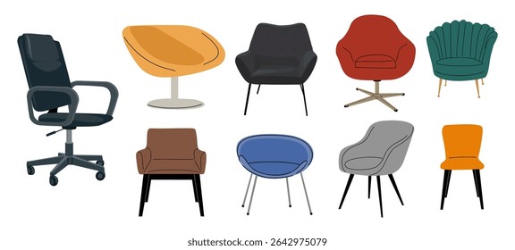 Conjunto de Vector de varios sillones y sillas para oficina y sala de estar en estilos modernos y retro de mediados de siglo. Elegante colección de muebles aislados sobre fondo blanco.