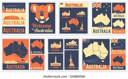 Conjunto vetorial de vários ícones da Austrália. Mapa australiano. Bandeira australiana. A cidade mais famosa da Austrália. Melbourne, Brisbane, Camberra, Sydney. Design plano dos marcos australianos.